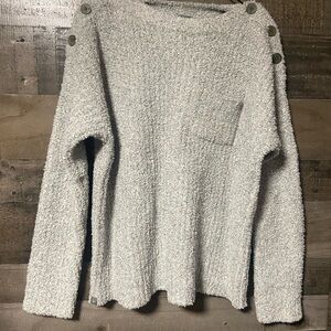 Barefoot Dreams Light Gray Bouclé Boatneck Sweater with Shoulder Buttons